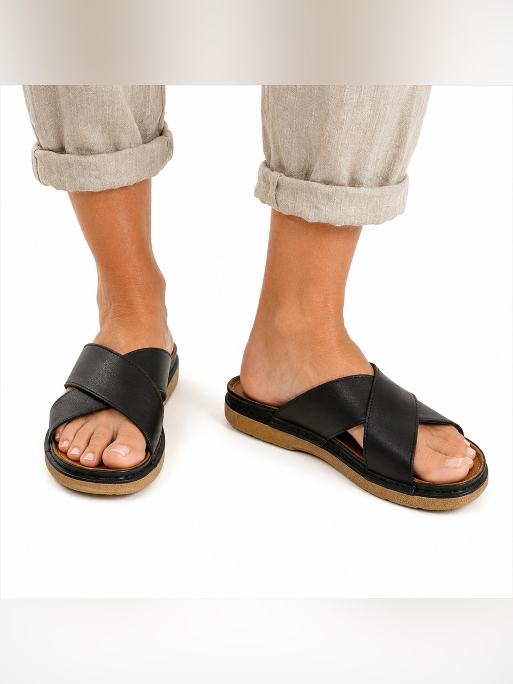 V Italia Black Leather Cross Strap Comfort Sandals EU 39